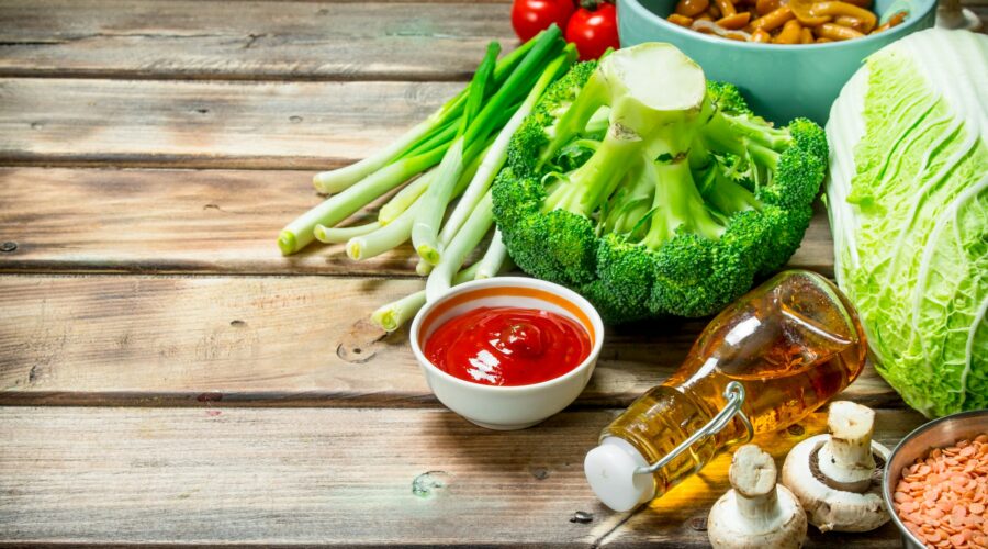 Healthy food. Variety of organic vegetables and mushrooms .